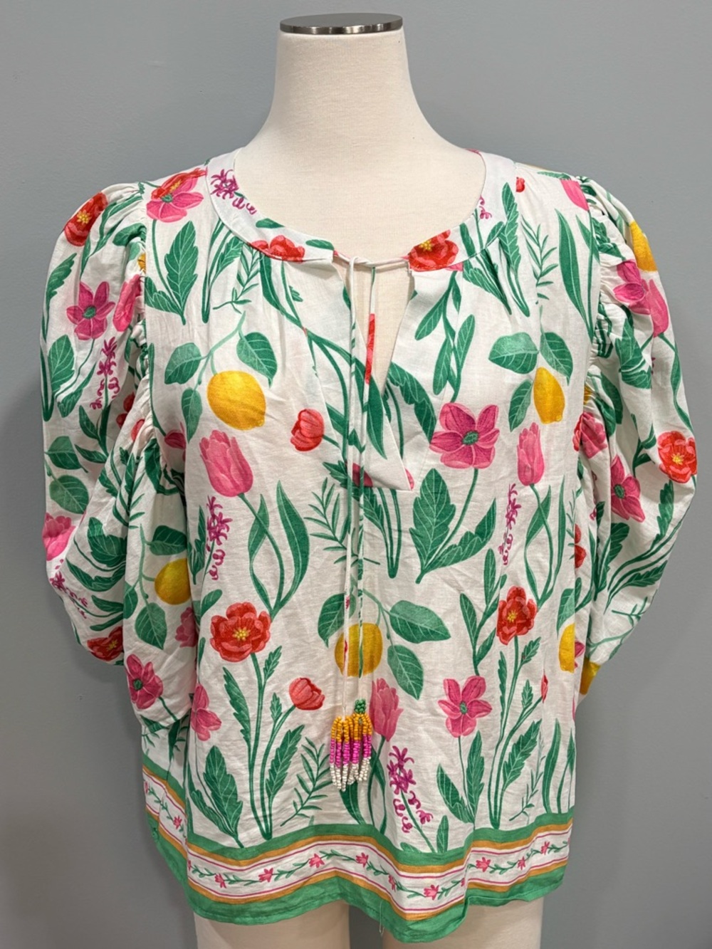 Rachel Zoe Linen Blend Pink Red and Yellow Lemons 3/4 Sleeve Tie Front Blouse XL